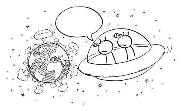 Vektorové kreslené ilustrace legračních cizinců v UFO nebo létající talíř pozorování z vesmíru jaderné války exploze na planetě Zemi a komentovat. — Stockový vektor