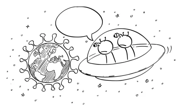 Vector Cartoon Illustratie van grappige vreemdelingen in UFO of vliegende schotel Kijken vanuit de ruimte Covid-19 of Coronavirus Pandemie en Commentaar. — Stockvector