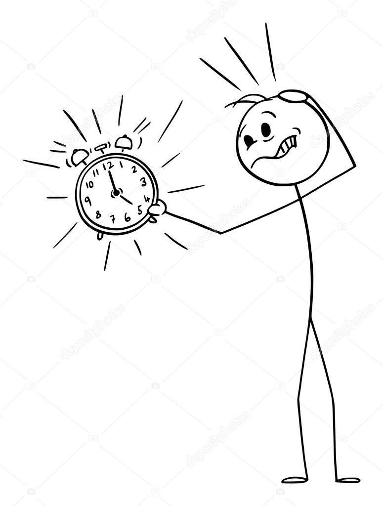 Vector Cartoon Illustration of Frustrated Unhappy Man or Businessman Holding Ringing Alarm Clock. Concept of Time Management, Wake Up and Deadline