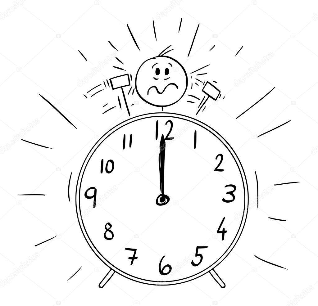 Vector Cartoon Illustration of Man or Frustrated Businessman, His Head is as Bell on the Ringing Alarm Clock and Hammers Are Beating Him. Deadline or Wake Up Concept