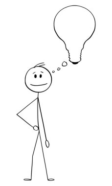 İnsan ya da İşadamı 'nın vektör karikatürü ya da Düşünen Balon ya da Ampul Şeklinde Balon ile İnovatör. Bir fikri var.