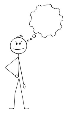 İnsan ya da İşadamı 'nın vektör karikatürü ya da Düşünen Balonlu İnovatör ya da Çarklı Tekerlek Şeklinde Balon. Çözüm arıyor.