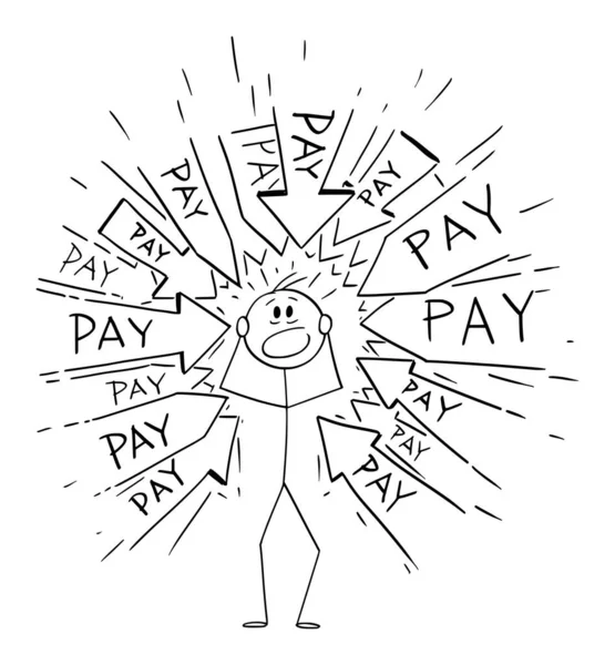 Vector Cartoon Illustration of Stressed Man with many Arrows Pointing at Him Requesting to Pay Money or Bills. Финансовая концепция. — стоковый вектор