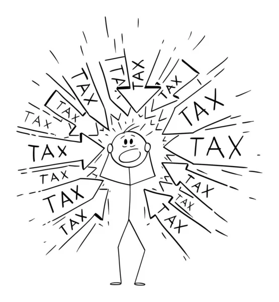 Vektor tecknad illustration av stressad man eller affärsman med många pilar pekar på honom Begär att betala skatt eller skatter. Finansiellt koncept. — Stock vektor