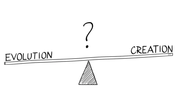 Rough Vector Cartoon Hand Drawing Evolution and Creation on Balance Scales (em inglês). Religião contra a Ciência. Evolucionismo e Criacionismo. — Vetor de Stock