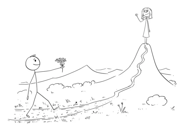 Illustrazione del fumetto vettoriale dell'uomo innamorato che cammina con il fiore per incontrare la sua ragazza o donna. Romanticismo, Data e San Valentino. — Vettoriale Stock