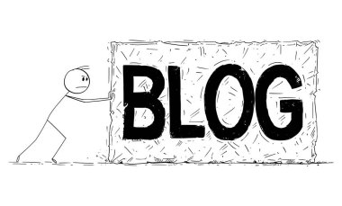 İnsan veya Blogger 'ın Vector Çizgi Filmi Büyük Parça ya da Bloglu Kaya İterek Çizimi.
