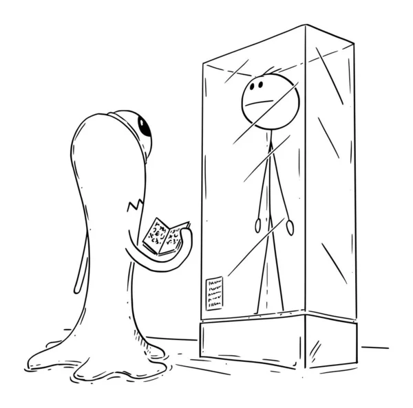 Ilustración Vectorial de Dibujos Animados del Hombre Extinto o del Hombre Expuesto en el Museo, Espacio Extraterrestre — Vector de stock