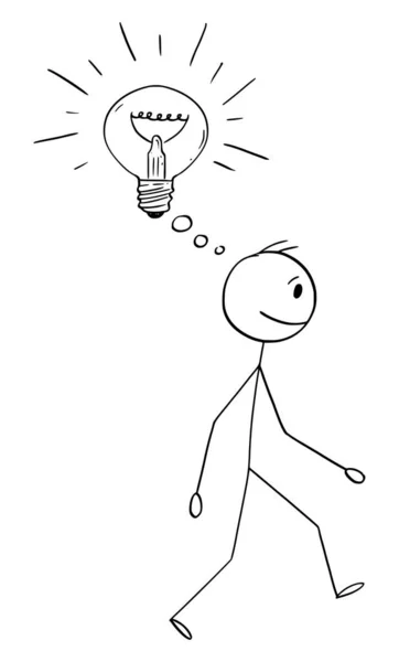 Vector Cartoon Illustration of Man or Businessman Walking With Idea Represented as Shining Light Bulb — 스톡 벡터