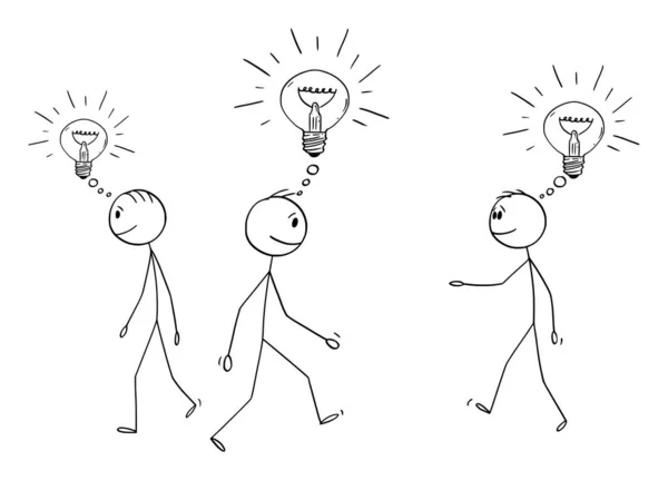 Vector Cartoon Illustration der Gruppe oder Menschenmenge von Männern, Geschäftsleuten oder Menschen, die mit einer Idee gehen, die als leuchtende Glühbirne dargestellt wird — Stockvektor