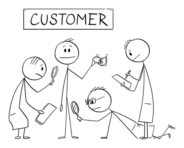 Vector Cartoon Illustration of Businessmen Scientists Analyzing Client or Customer Bringing Money to Business (en inglés). Ingresos, Ganancias, Finanzas, Marketing — Archivo Imágenes Vectoriales