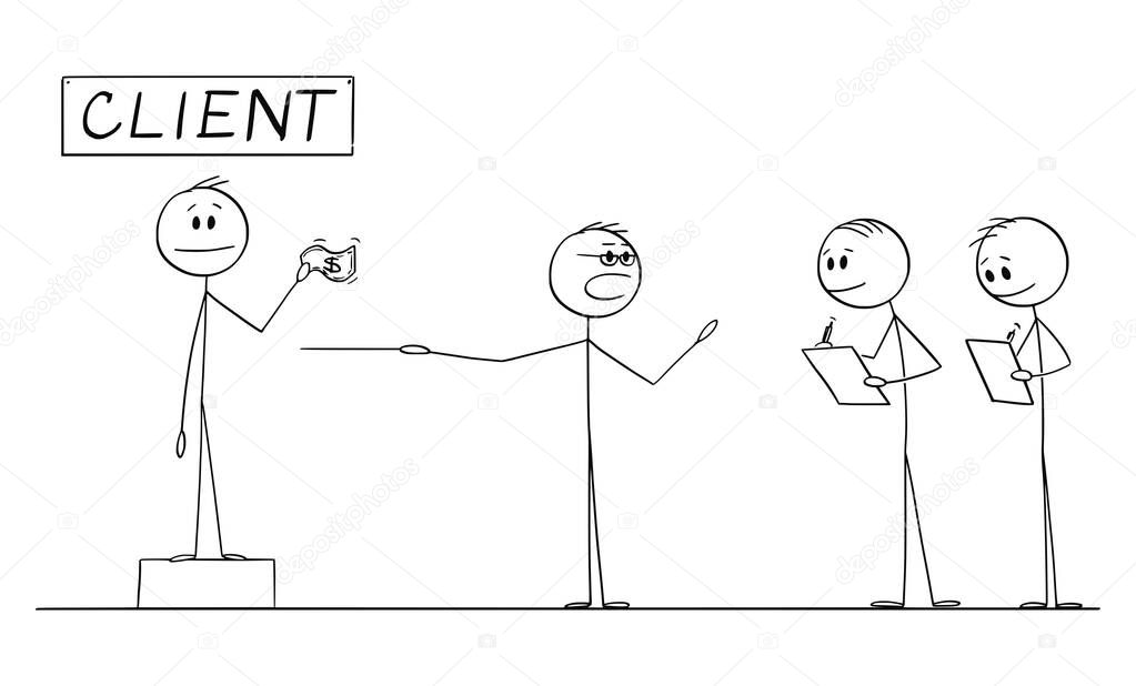 Vector Cartoon Illustration of Businessman or Teacher Teaching Student About Client or Customer Bringing Money to Business. Income,Strategy,Profit,Marketing,Analysis