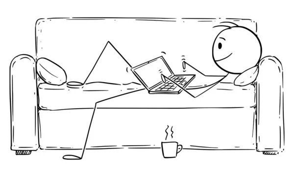 Ilustración de dibujos animados vectoriales del hombre o del hombre de negocios acostado en un sofá o sofá y trabajando o escribiendo en la computadora. Concepto de Ministerio del Interior — Vector de stock