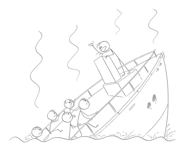 Ilustración de dibujos animados vectoriales del hombre, hombre de negocios, político o líder que tiene discurso durante el hundimiento del barco ignorando la realidad y la crisis — Vector de stock