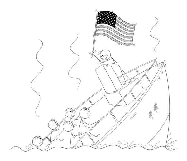 Векторная карикатура на политика или лидера, держащего флаг США и выступающего во время тонущего корабля, игнорирующего реальность и кризис — стоковый вектор