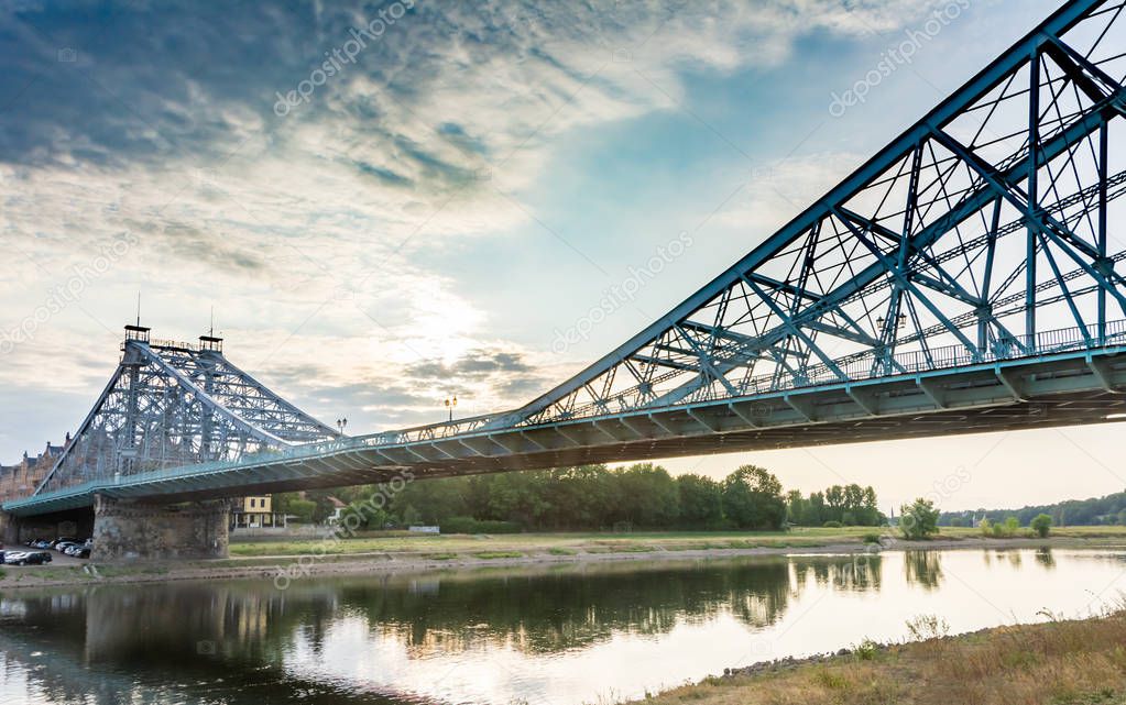 Historic bridge called Blue Wonder accross the river Elbe in Dresden (Germany)