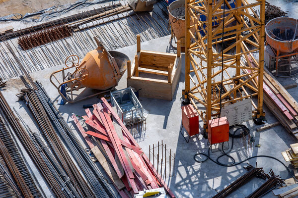 Aerial view of a construction site and its equipment