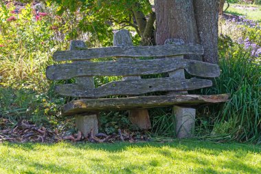 Bahçedeki eski yıpranmış ahşap park bankında