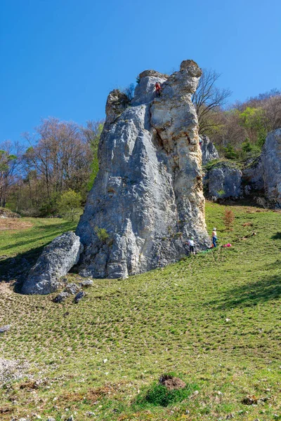 Klimmen op rotsen in Dollnstein in het Altmuehltal — Stockfoto
