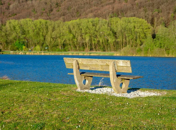 Wooden bench at Pfraundorfer Lake in the Altmuehltal valley — Stock Photo, Image