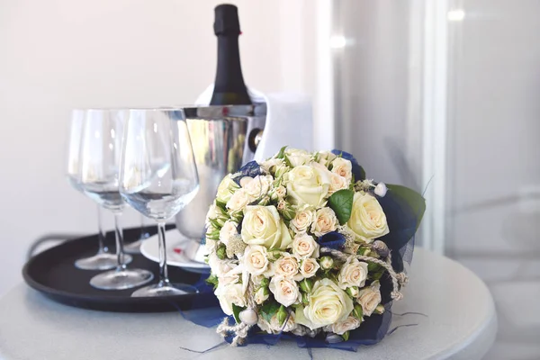 White Bridal Bouquet Champagne Stock Photo
