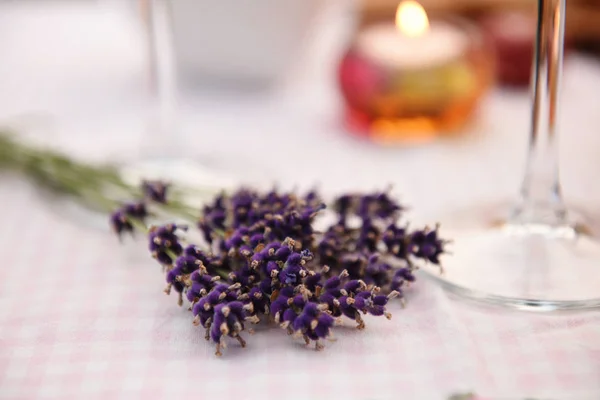 Bunch Fresh Lavender Burning Candle — Stock Photo, Image