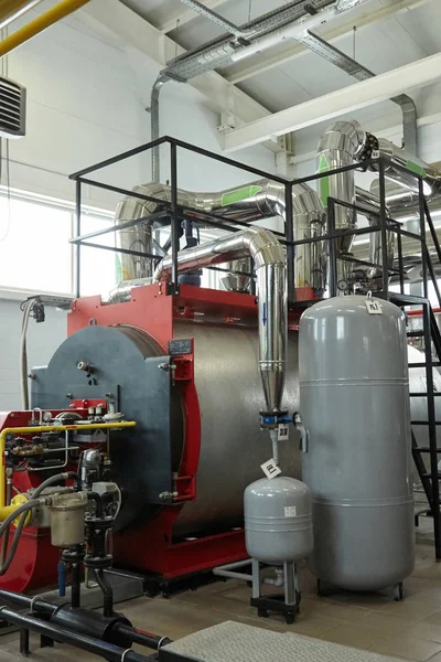 Modern new gas heating coppers work in a boiler room. — Stock Photo, Image