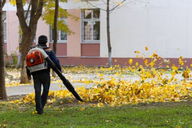 Süpürge uzağa düşmüş bir çim yapraklarından temizleyicileri.