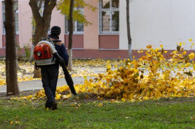 Süpürge uzağa düşmüş bir çim yapraklarından temizleyicileri.