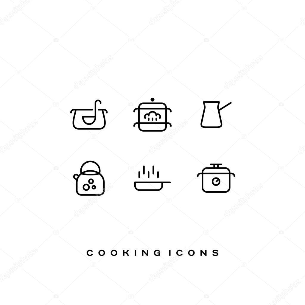 Simple line vector cooking icons set. Soup, steamer, cezve coffee, tea kettle, frying pan, pressure cooker.
