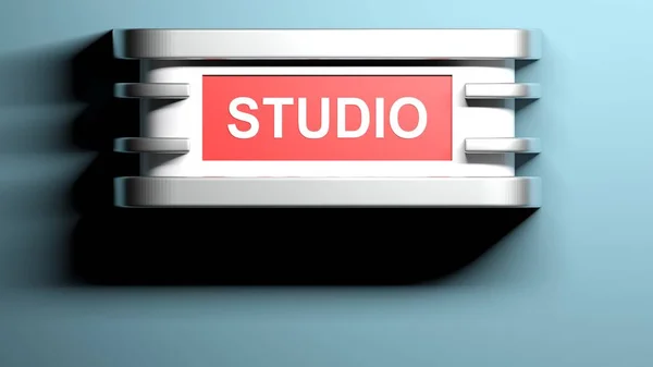 モダンなアップリケ赤パネルで書き込みがあると光スタジオは 青い壁の レンダリング図 — ストック写真