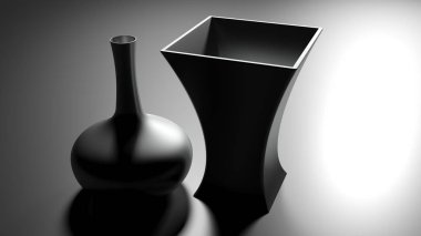 Öte yandan siyah bir yansıtıcı yüzey - 3d render illüstrasyon yakınındaki farklı tasarımı ile iki vazo