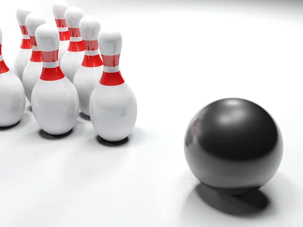 A black bowling bow in front of a set of white pins having horizontal red stripes on their neck. Isolated on white background - 3D rendering illustration