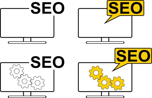 Conjunto Iconos Con Iconos Diferentes Sobre Monitor Computadora Con Seo — Vector de stock