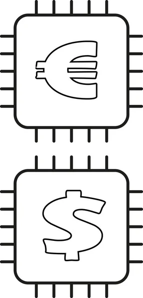 Conjunto Iconos Con Dos Chips Electrónicos Que Tienen Símbolos Euros — Archivo Imágenes Vectoriales