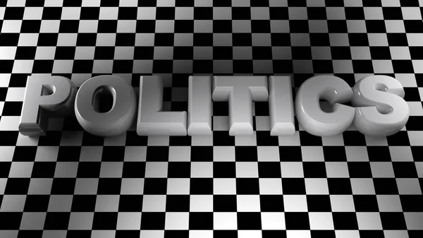 写的政治 写的白色塑料字母铺设在一个黑色和白色的平方纹理的表面上 渲染插图 — 图库照片