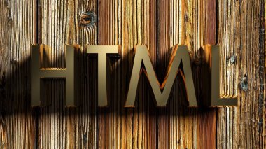 Bir ham ahşap arka plan - 3d render örnek üzerinde döşeme pirinç harflerle yazılmış Html yazma