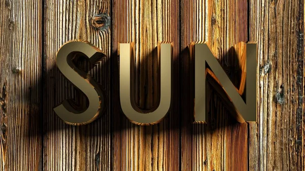 写太阳 留在星期日 写的黄铜字母铺设在一个原始的木质背景 渲染插图 — 图库照片