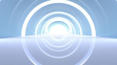 Dairesel çatılı bir tünel uzunluğu boyunca ışıklı bir bölümden ve onun sonunda orada parlak bir beyaz ışık - 3d işleme örnek