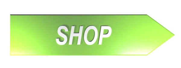 Write Shop White Letters Green Arrow Pointing Right White Background — Zdjęcie stockowe