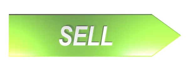 Написание Sell Белыми Буквами Зеленой Стрелке Указывающей Направо Белом Фоне — стоковое фото