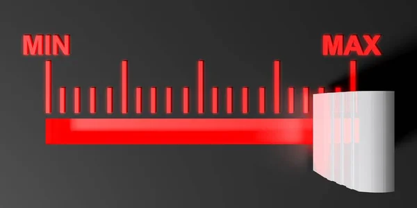 级别选择器位于黑色控制面板上的最大位置 刻度标志在红色光 渲染例证 — 图库照片