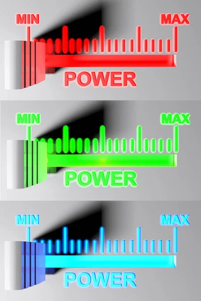 Seria Selektorów Dla Poziomu Mocy Pozycji Min Czerwony Zielony Niebieski — Zdjęcie stockowe