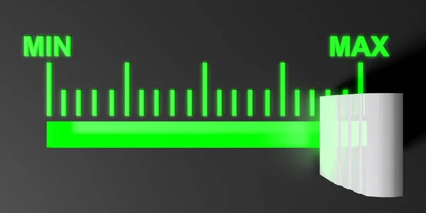 レベルのセレクターは 黒コントロール パネル上の最大位置 スケールの兆候は レンダリングの図で緑色の光 します — ストック写真