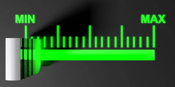 レベルのセレクターは 黒コントロール パネル上の最小位置 スケールの兆候は レンダリングの図で緑色の光 します — ストック写真