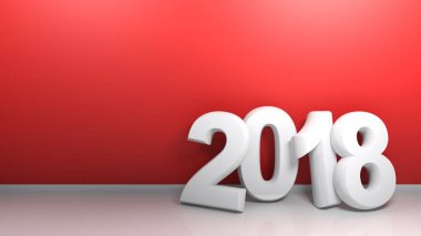 Kırmızı bir duvar bir oda numarası 2018 yaslanmış. 3D render illüstrasyon