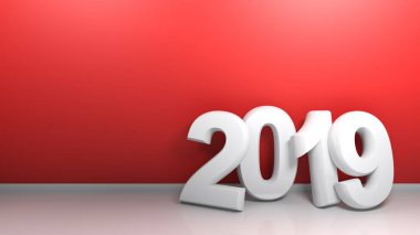 Kırmızı bir duvar bir oda numarası 2019 yaslanmış. 3D render illüstrasyon