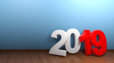 Mavi duvar bir oda numarası 2019 yaslanmış. Sayının ilk bölümü beyazdır; basamak 