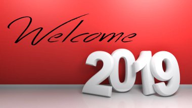 Kırmızı bir duvar bir oda numarası 2019 yaslanmış. Duvardaki siyah el yazısıyla yazma hoş geldiniz, vardır. 3D render illüstrasyon