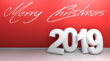 Sayı 2019 yaslanmış bir odası, Merry Christmas beyaz el yazısıyla yazma ile kırmızı bir duvar. 3D render illüstrasyon